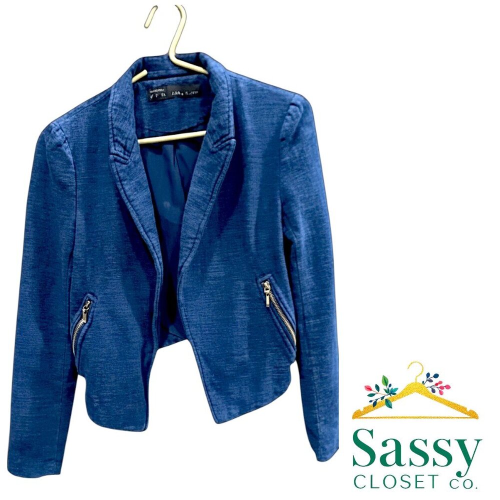 ✨ ZARA Blue Textured Open Front Jacket XS Zip Pockets Office Core EUC 💎